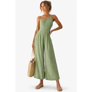 ANRABESS LINEN JUMPSUIT Green jumper pants pockets Smocked back one Shoulder XL